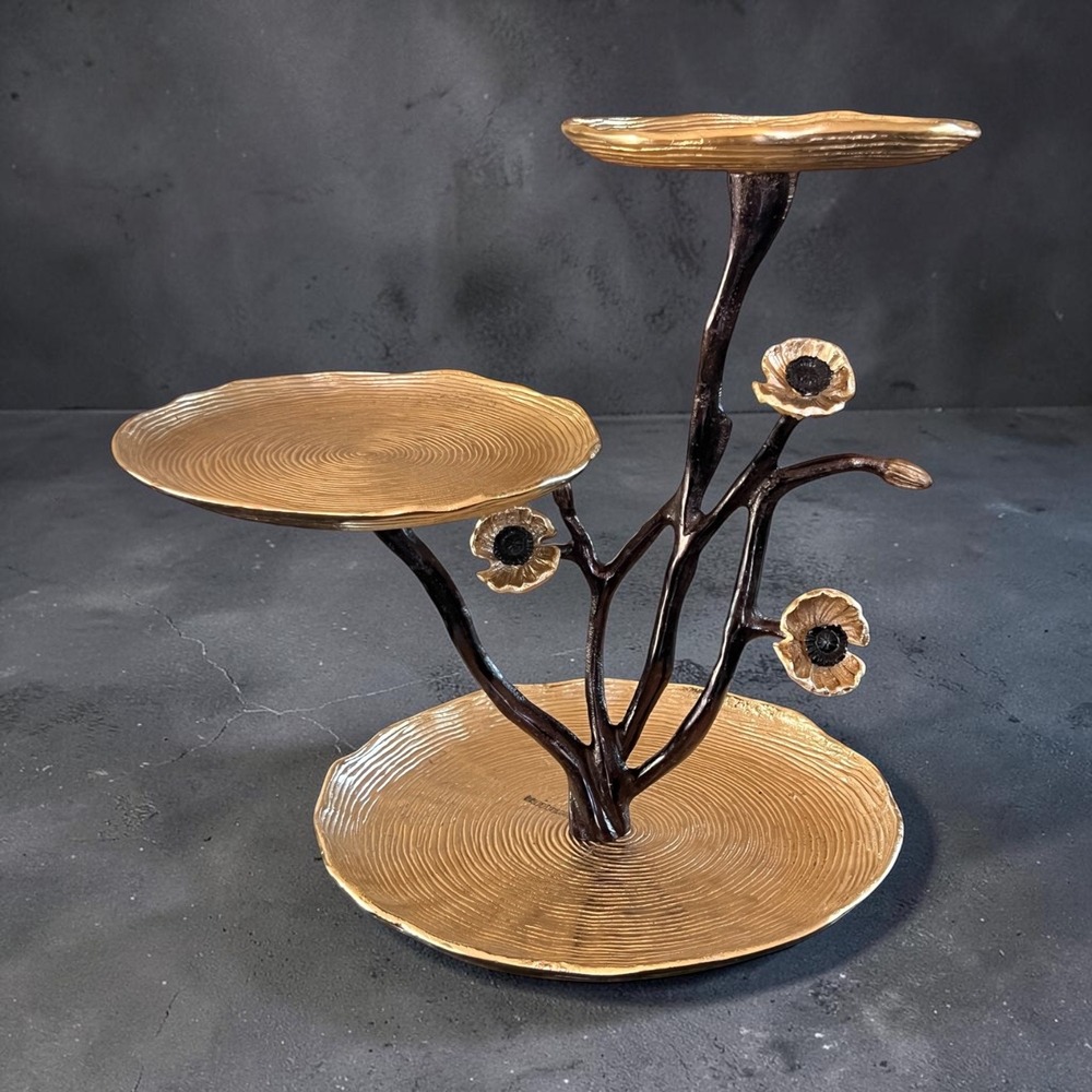 3 Tier Gold Tone Aluminum Botanical Branch Poppy Flower Display Stand 14"